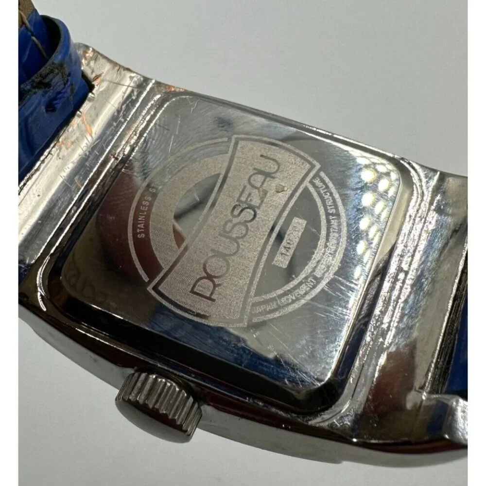 Rousseau Watch Women Silver Tone Square Dial Blue Leather Band New Battery 9